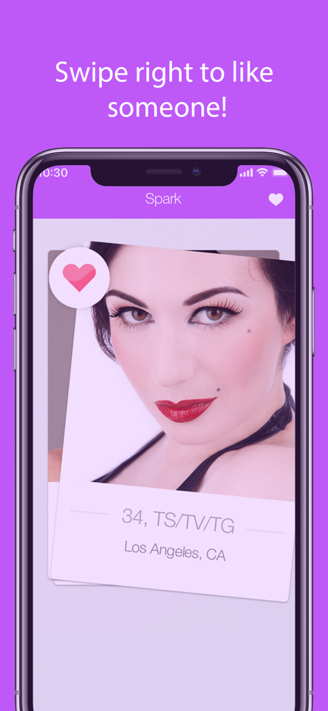 Trans - Transgender Dating - Die Spark-Matching-Oberfläche in der Trans-Transgender-Dating-App zeigt ein Benutzerprofil mit einer Wisch-nach-rechts-Option zum Liken.