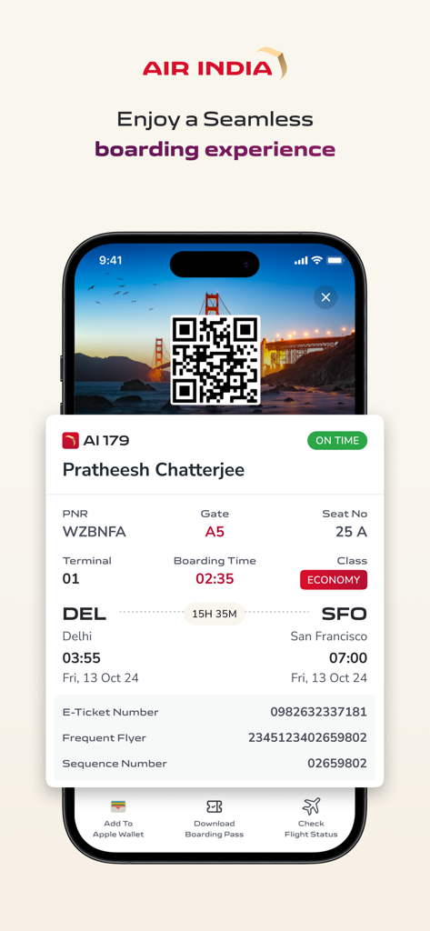 Air India: Book Flight Tickets - Carta d'imbarco digitale Air India sullo schermo di uno smartphone che mostra i dettagli del volo da Delhi a San Francisco