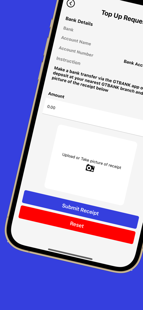 CU Wallet app top up request screen with bank transfer details and receipt upload section