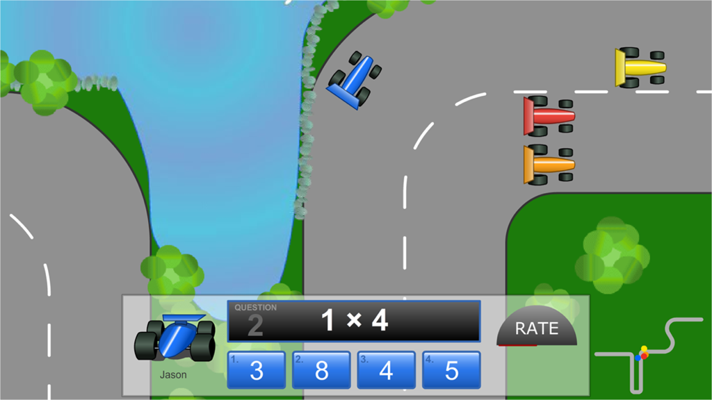 A multiplication racing game showing a math problem on screen with cars on a track.