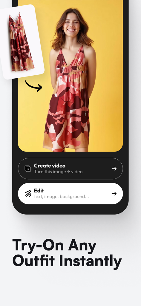 Blend: AI Models Logos Videos - AI-powered virtual try-on feature in the Blend app showing a dress being applied to a digital model