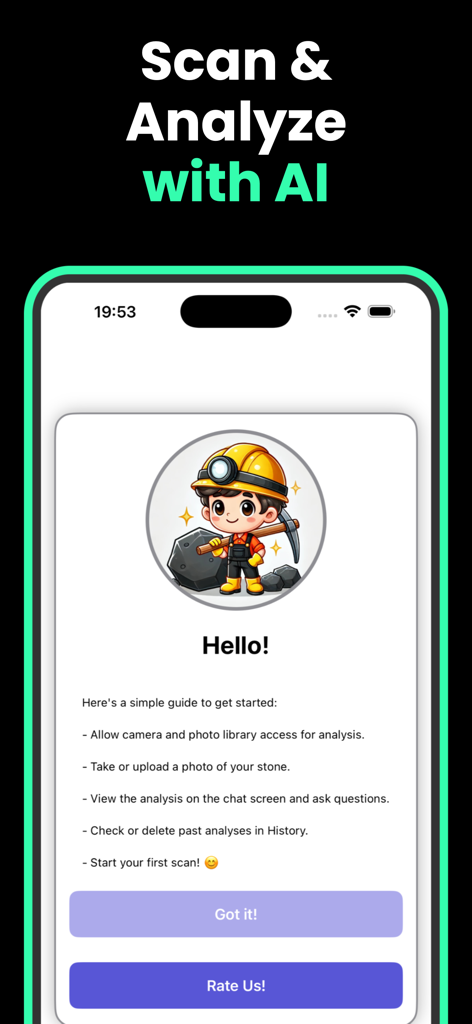 Rock & Stone Identifier AI IBG - Una pantalla de incorporación de la aplicación móvil para Rock and Stone Identifier AI con un personaje minero de dibujos animados e instrucciones de uso