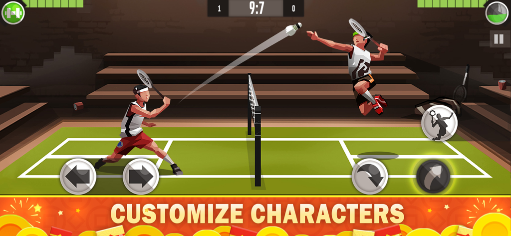 Two players in a Badminton League match with a customize characters banner at the bottom.