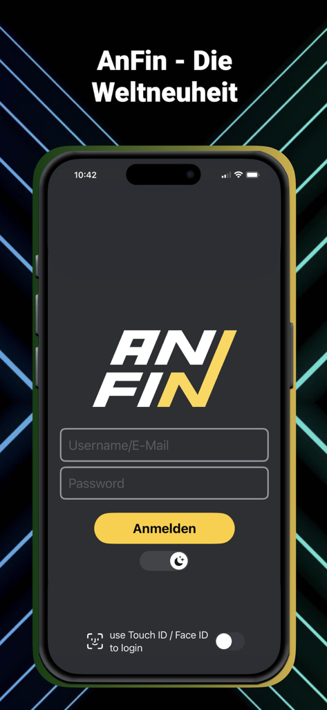 ANFIN - Pantalla de inicio de sesión de la aplicación de trading móvil ANFIN que muestra los campos de nombre de usuario y contraseña en una interfaz de smartphone