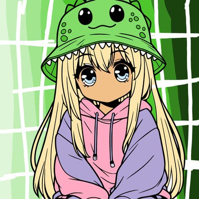 girl with anime shaped eyes with a dinosaur bucket hat oversized sweatshirt long straight hair