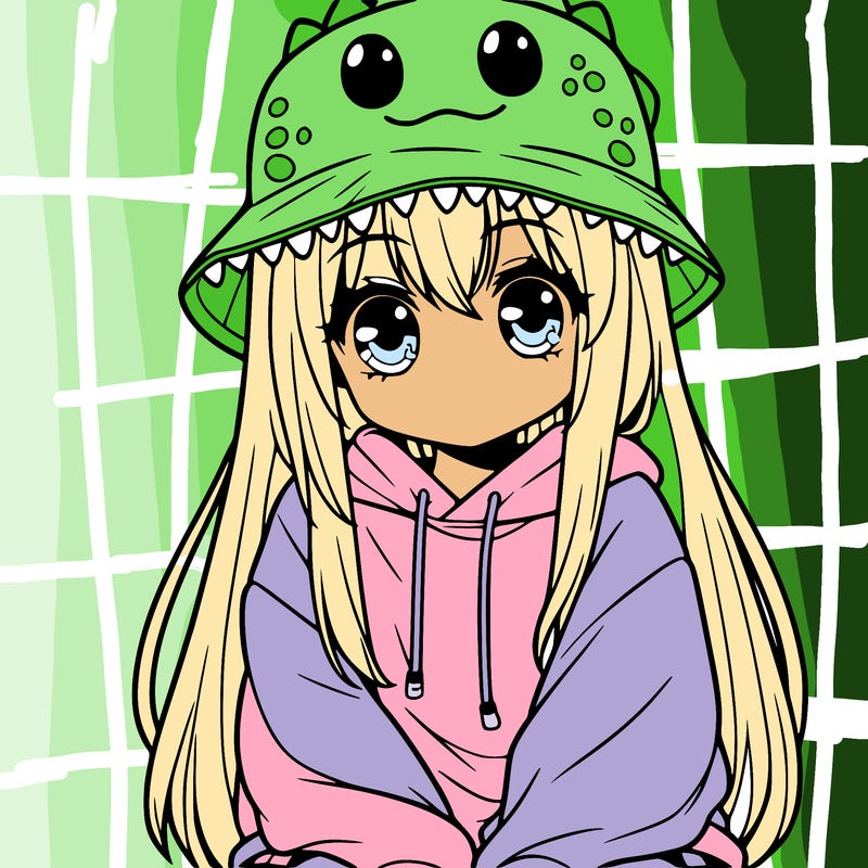 girl with anime shaped eyes with a dinosaur bucket hat oversized sweatshirt long straight hair