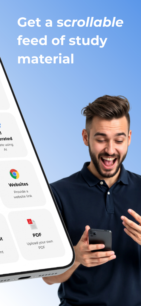 Studytok: Learn and Questions - Studytok 모바일 앱에서 스크롤 가능한 학습 자료 피드를 보고 있는 흥분한 학생