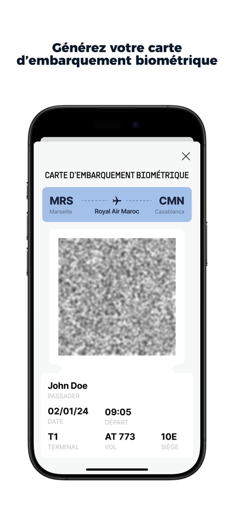 Aéroport MP - Carta d'imbarco biometrica digitale su una schermata dello smartphone dall'app dell'aeroporto di Marsiglia Provenza.