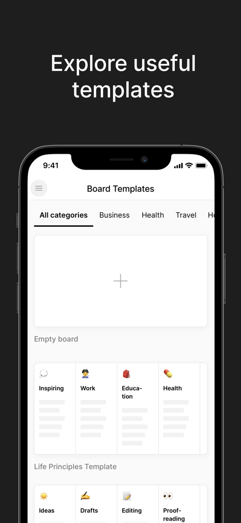 Interfaz de la aplicación Timestripe que muestra una variedad de plantillas de tableros de productividad para negocios, salud y viajes