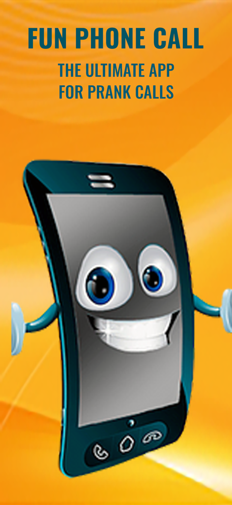 Fun Phone Call - IntCall - Fun Phone Call app splash screen featuring a smiling mobile phone mascot on an orange background