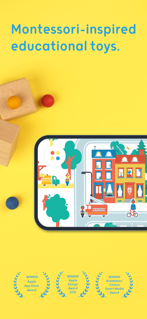 Pok Pok Montessori preschool app showing educational toys on a screen and award badges