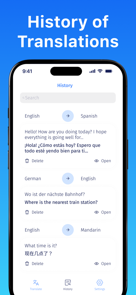 AI Translator: Camera & Voice - Pantalla de historial del Traductor IA que muestra una lista de traducciones recientes en varios idiomas.
