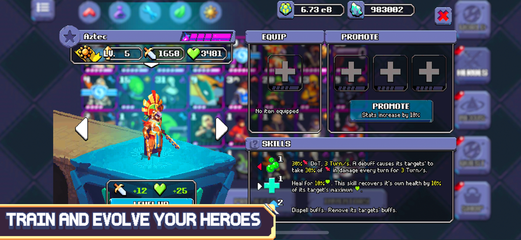 Capture d'écran de Cosmos Quest montrant le personnage héros aztèque avec des options pour entraîner, faire évoluer, équiper et promouvoir