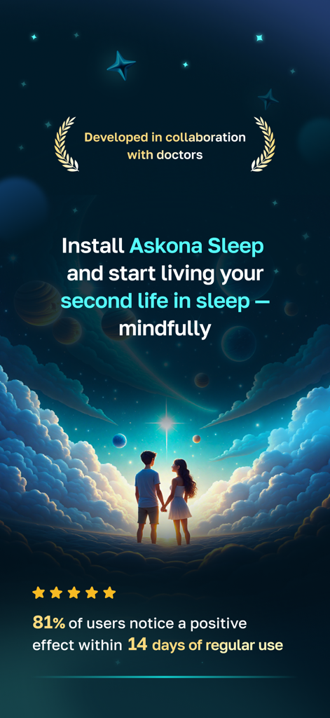 Askona Sleep promotional screen showing a couple in a dreamlike cloud landscape with starry sky and user satisfaction statistics