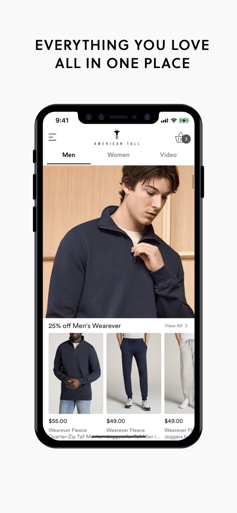 American Tall - American Tall mobile app homepage featuring men's fleece styles and exclusive discounts for tall men