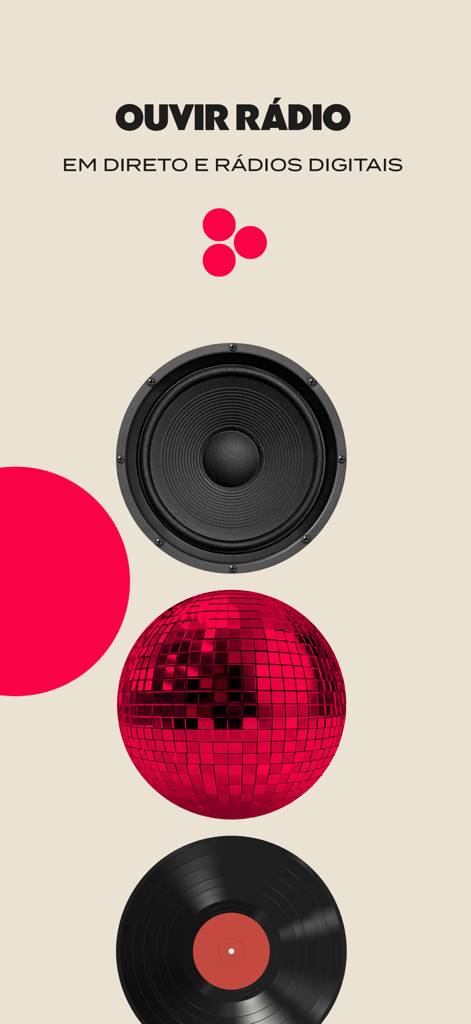 Pantalla de la aplicación M80 Radio con un altavoz, una bola de discoteca y un disco de vinilo promocionando estaciones de radio en vivo y digitales.