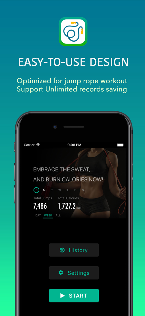 줄넘기 마스터 앱의 메인 인터페이스, 점프 횟수, 소모 칼로리, 시작 버튼 표시