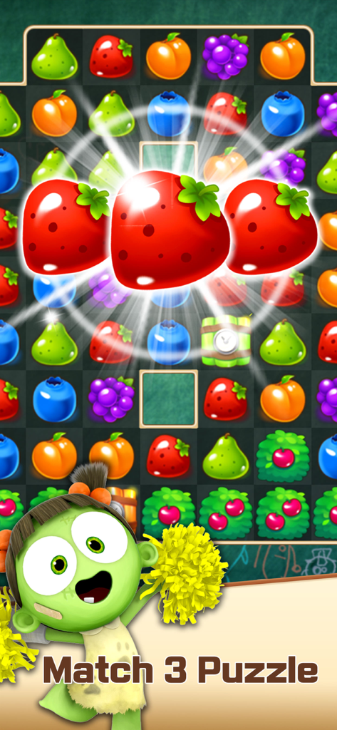 Gameplay screenshot of SPOOKIZ POP Match 3 Puzzle featuring a fruit grid and a cute green cheerleader character