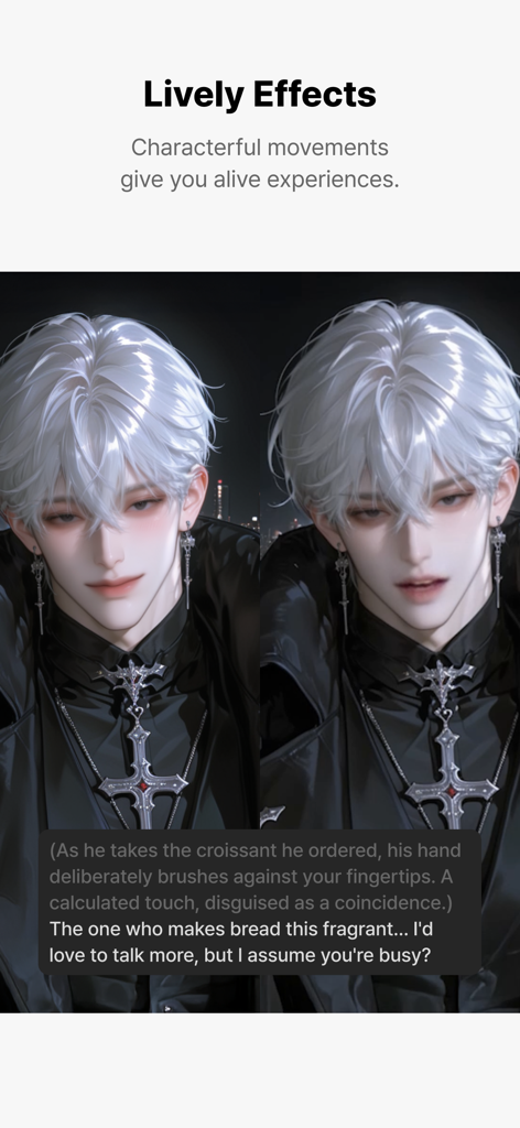 Almigo AI character with silver hair showing lively expressions and roleplay chat dialogue