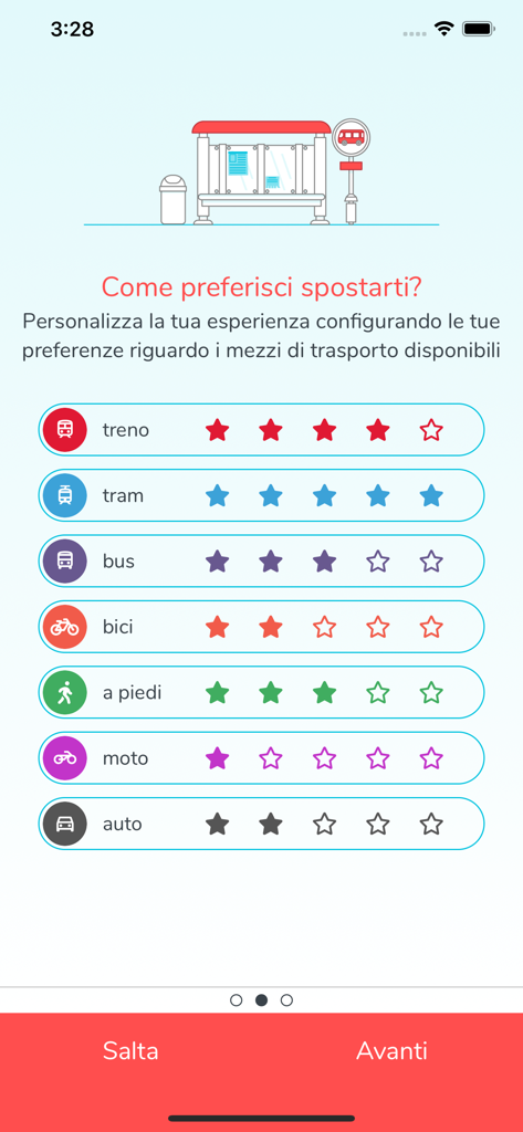 Pantalla de bienvenida para seleccionar modos de transporte preferidos en Florencia como tranvía y autobús