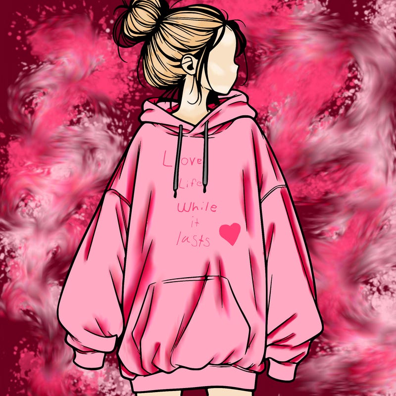 realistic girl with a oversized sweatshirt on and a bun