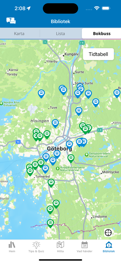 Biblioteket - A map interface in the Biblioteket app showing the locations of the library bookbuses across Gothenburg