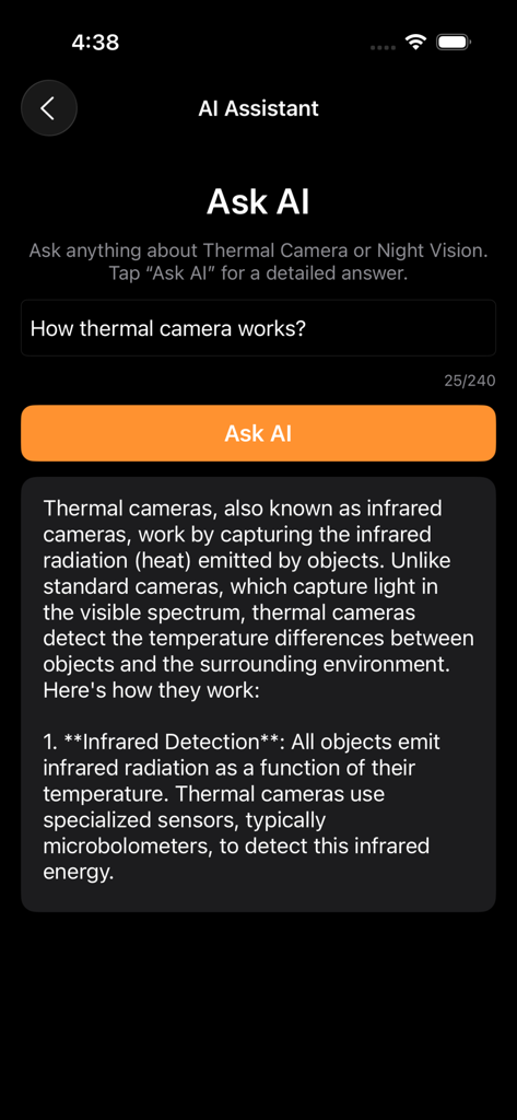 Thermal Camera Filter Effects - Mobile app screen showing an AI assistant explaining the science behind thermal imaging