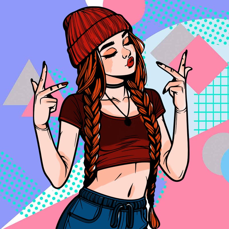 realistic teenage girl with braids and a beanie and crop top doing 🫶🏼
