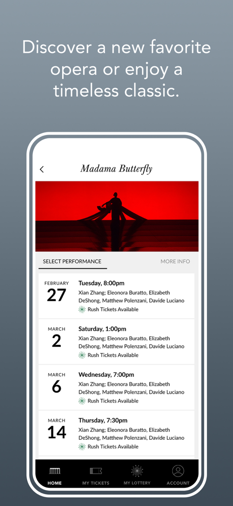 Programação de apresentações para Madama Butterfly no aplicativo Met Opera mostrando datas disponíveis e ingressos de última hora.
