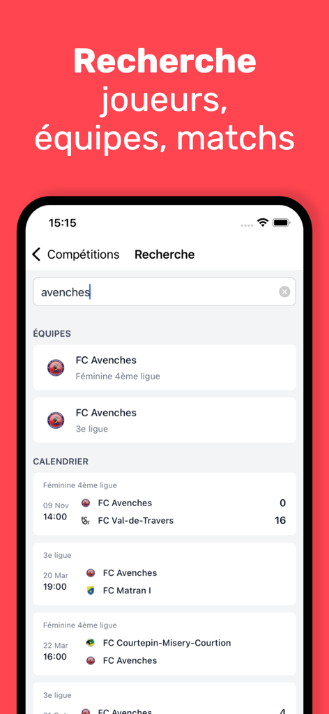 Footstats app search screen displaying results for Swiss soccer teams and schedules