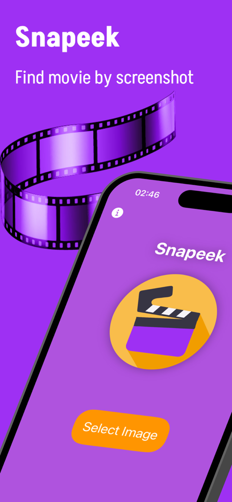Schermata principale dell'app Snapeek per la ricerca di film che mostra il pulsante Seleziona immagine per trovare un film da uno screenshot