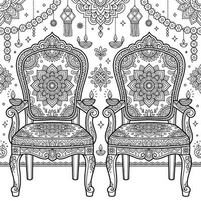 Immerse yourself in the joy of Diwali with this exquisitely detailed coloring page featuring two ornate dining chairs. Adorned with traditional patterns, diyas, and festive garlands, it's a beautiful way to celebrate the festival of lights.