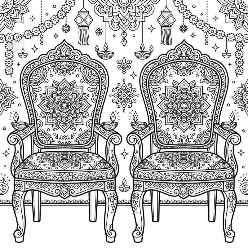 Immerse yourself in the joy of Diwali with this exquisitely detailed coloring page featuring two ornate dining chairs. Adorned with traditional patterns, diyas, and festive garlands, it's a beautiful way to celebrate the festival of lights.