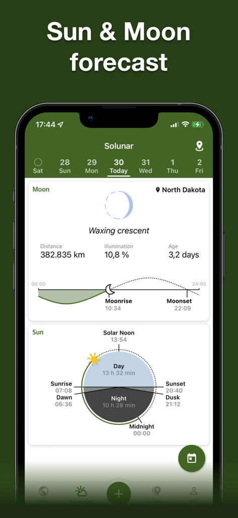 Detailed solunar data and sun and moon forecast on the Hunting Points app