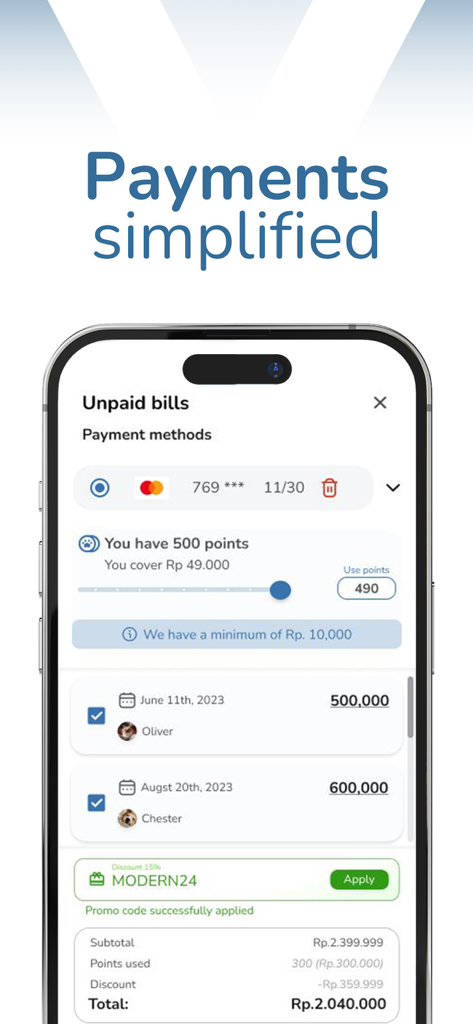 modernvet - Modernvet mobile app interface showing a simplified payment screen with bills for pets and a promo code section