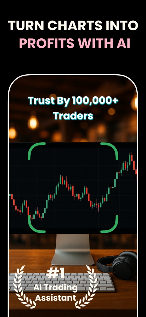 TradeGPT: Chart AI Analysis - TradeGPT AI scanning a candlestick chart on a monitor for technical analysis patterns