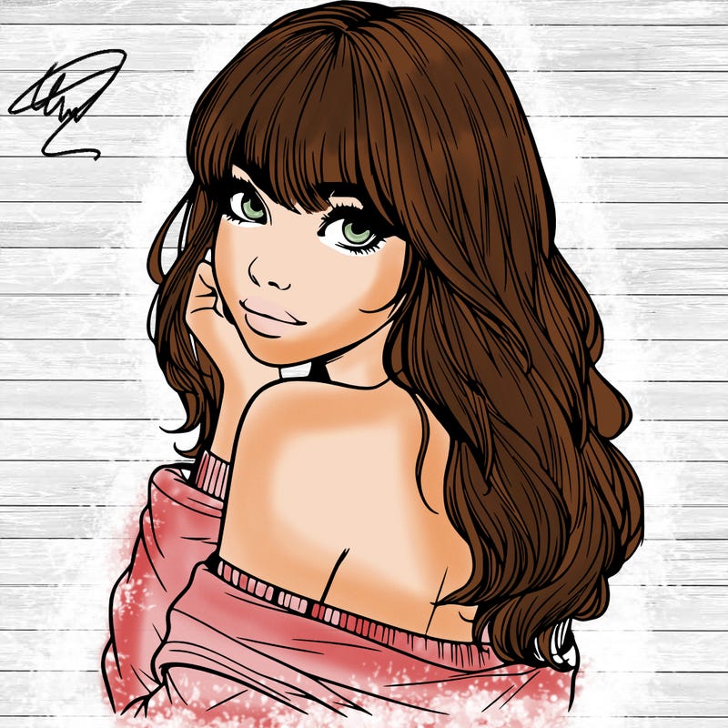 realistic girl with bangs looking over her shoulder