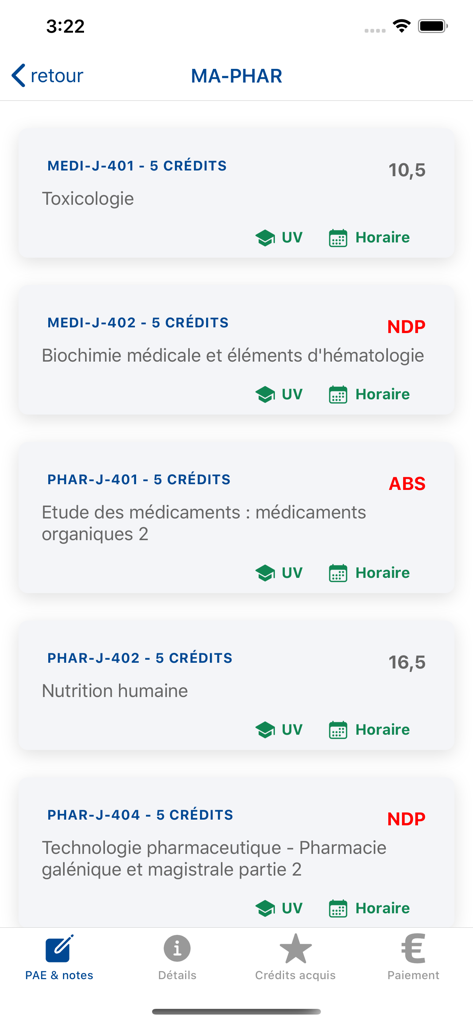 MonULB - MonULB mobile app screen showing student course grades and academic credits.