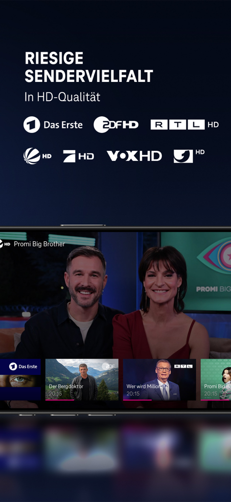 MagentaTV: TV & Streaming - MagentaTV mobile app interface showing various German live TV channels and programs in HD quality.
