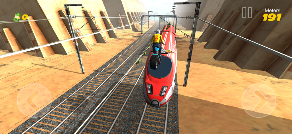 Subway Rider - Train Surfer 3D - Gameplay en 3D montrant un motard réalisant une cascade sur le toit d'un train rouge en mouvement
