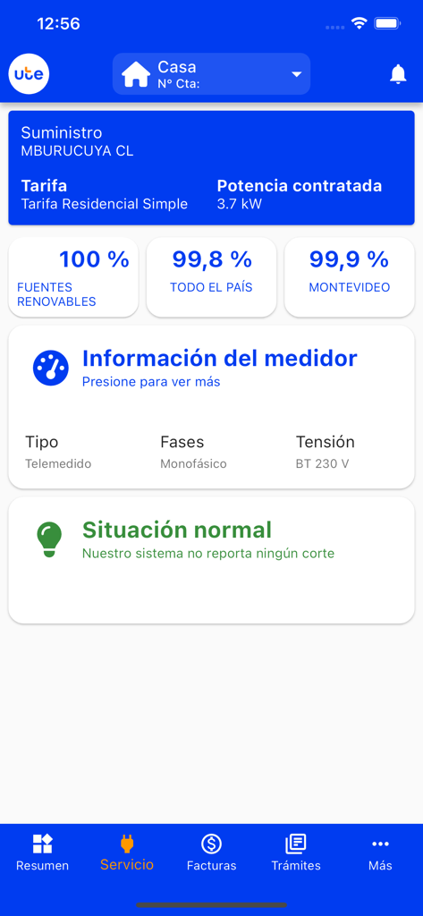 Dashboard dell'app UTE Clientes che mostra i dettagli della fornitura elettrica e lo stato del servizio in tempo reale per una proprietà in Uruguay.