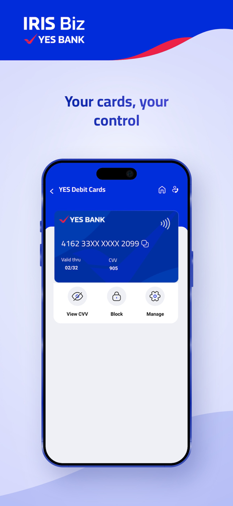 IRIS Biz by YES BANK - IRIS Biz app screen for managing YES BANK debit cards