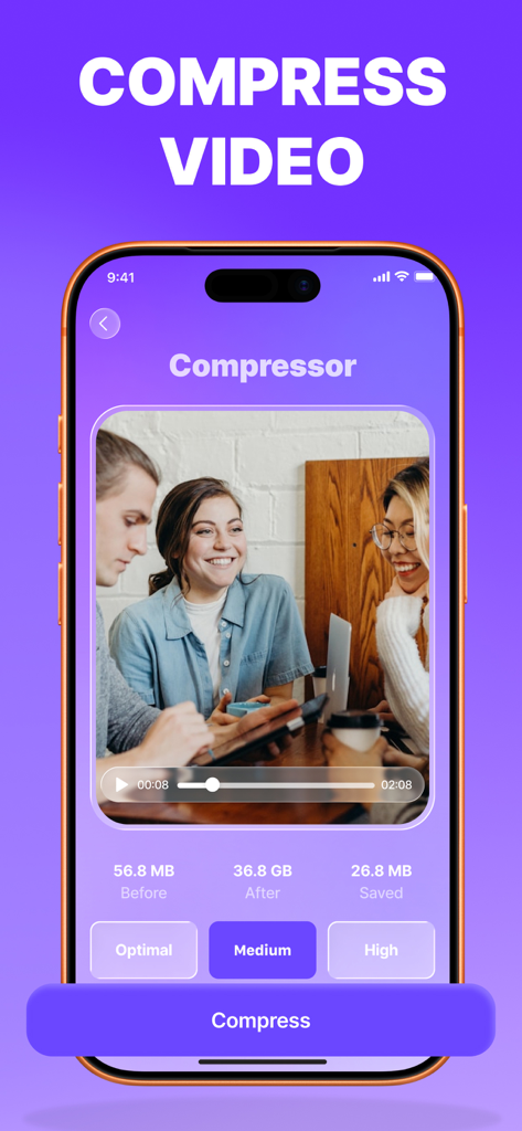 UpClean AI Cleaner app showing video compression features to save phone storage