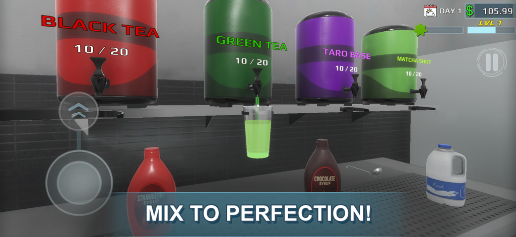 Bubble Tea Revolution - A 3D boba shop simulation showing green tea being poured from a dispenser into a cup with various syrups on the counter.
