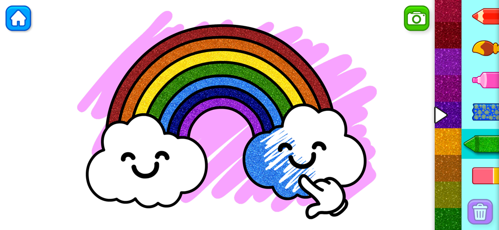 Kids Drawing & Coloring Game - Interface du jeu de coloriage pour tout-petits montrant un arc-en-ciel scintillant et des nuages souriants.