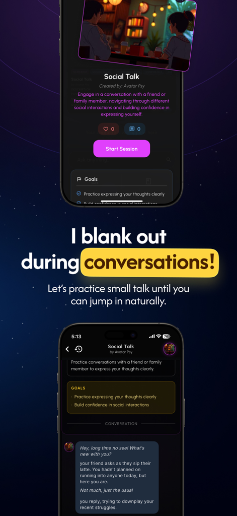Voidspace AI - Voidspace AI app interface showing a social talk session to practice small talk and improve conversation skills.
