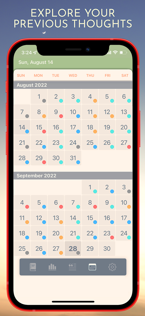 Daily Journal+ - Pantalla de smartphone que muestra un calendario con emojis de estado de ánimo codificados por colores para cada día en Daily Journal plus