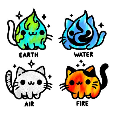 4 cats that represent the different elements, earth, water, air, and fire