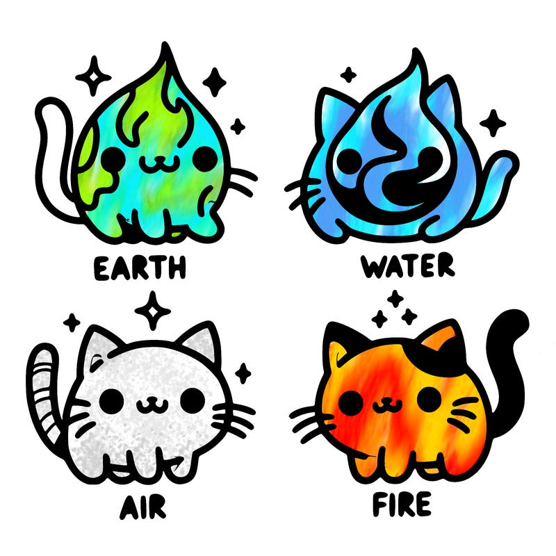 4 cats that represent the different elements, earth, water, air, and fire