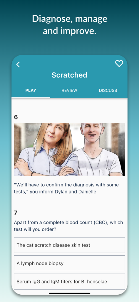 Clinical Sense - Smartphone screen showing a clinical scenario in the Clinical Sense app with a diagnostic multiple-choice question for a patient case.